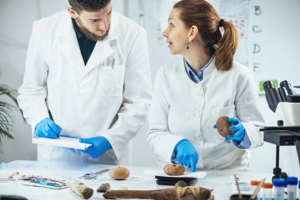 Archaeologist measuring ancient artifact loom weight or weight for fishing net on digital scale in laboratory.