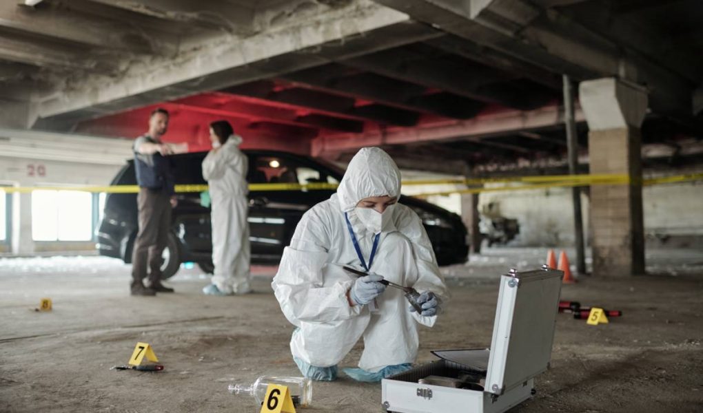 Young female criminological expert in protective workwear looking for fingerprints of murderer on crime scene against two colleagues